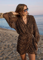 Damen Minikleid mit langem Arm abstraktem Muster und Bindung an der Taille Ansicht 4