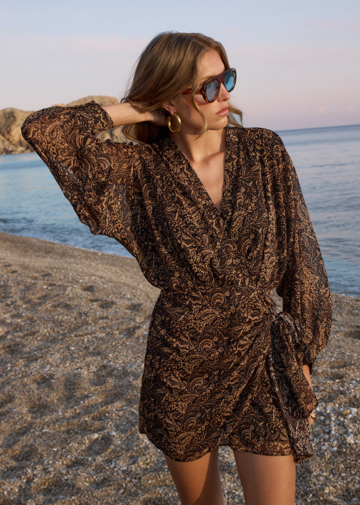 Damen Minikleid mit langem Arm abstraktem Muster und Bindung an der Taille Ansicht 4