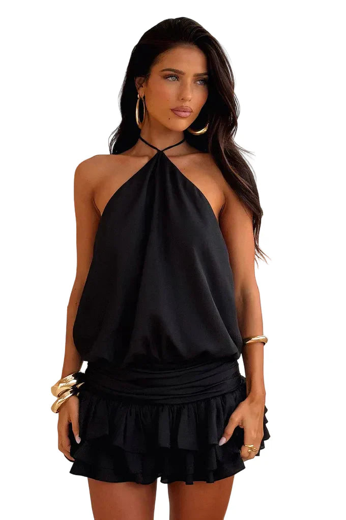 Damen Neckholder Minikleid mit lockerem Vorderteil und dreilagigem Volant
