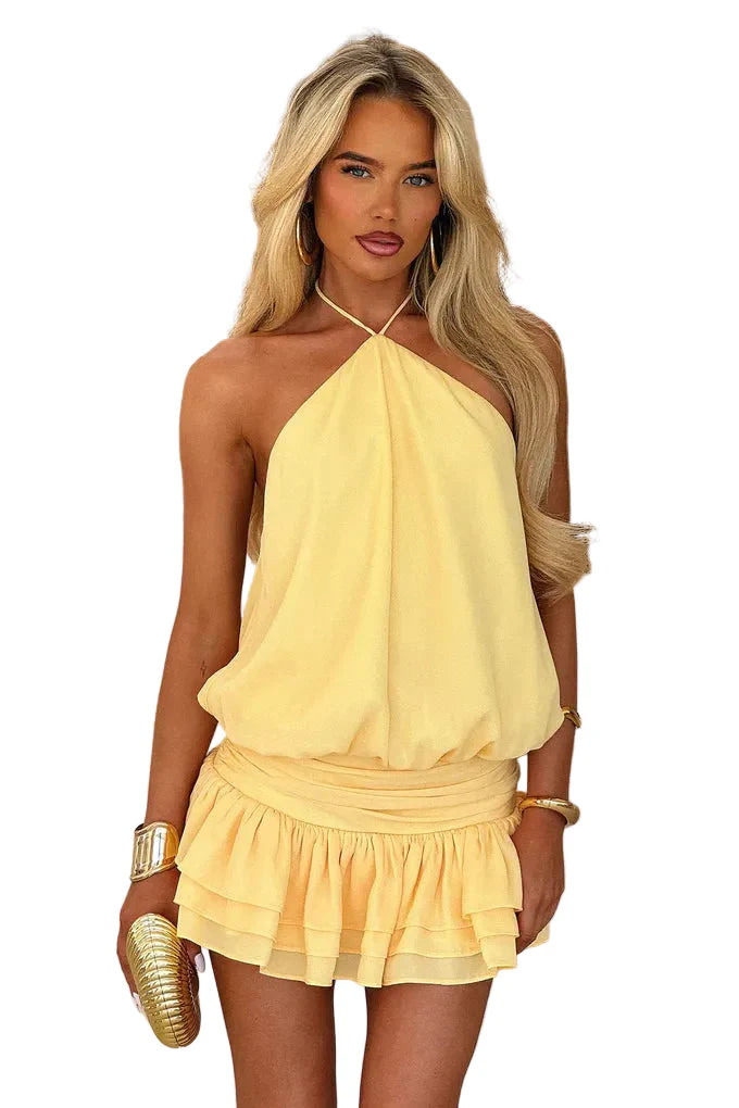 Damen Neckholder Minikleid mit lockerem Vorderteil und dreilagigem Volant Ansicht 16