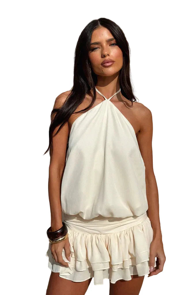 Damen Neckholder Minikleid mit lockerem Vorderteil und dreilagigem Volant Ansicht 7