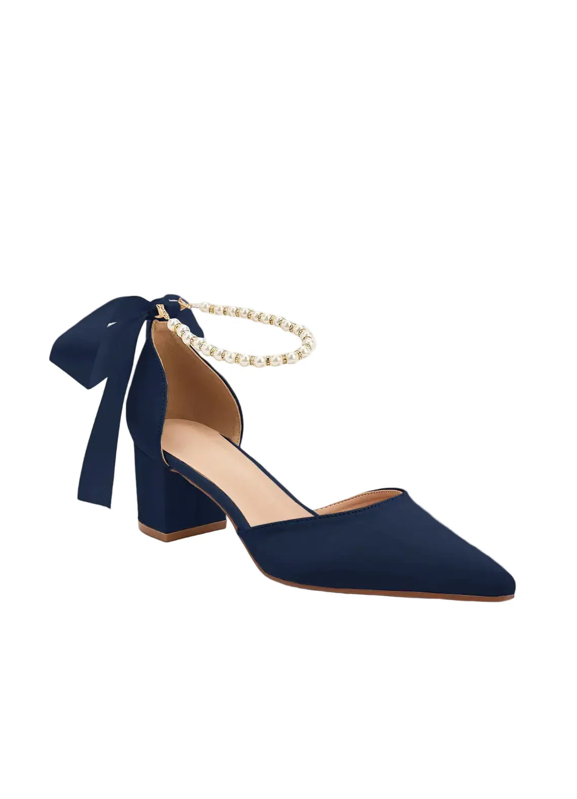 Damen Pumps mit Blockabsatz und Perlenschleife