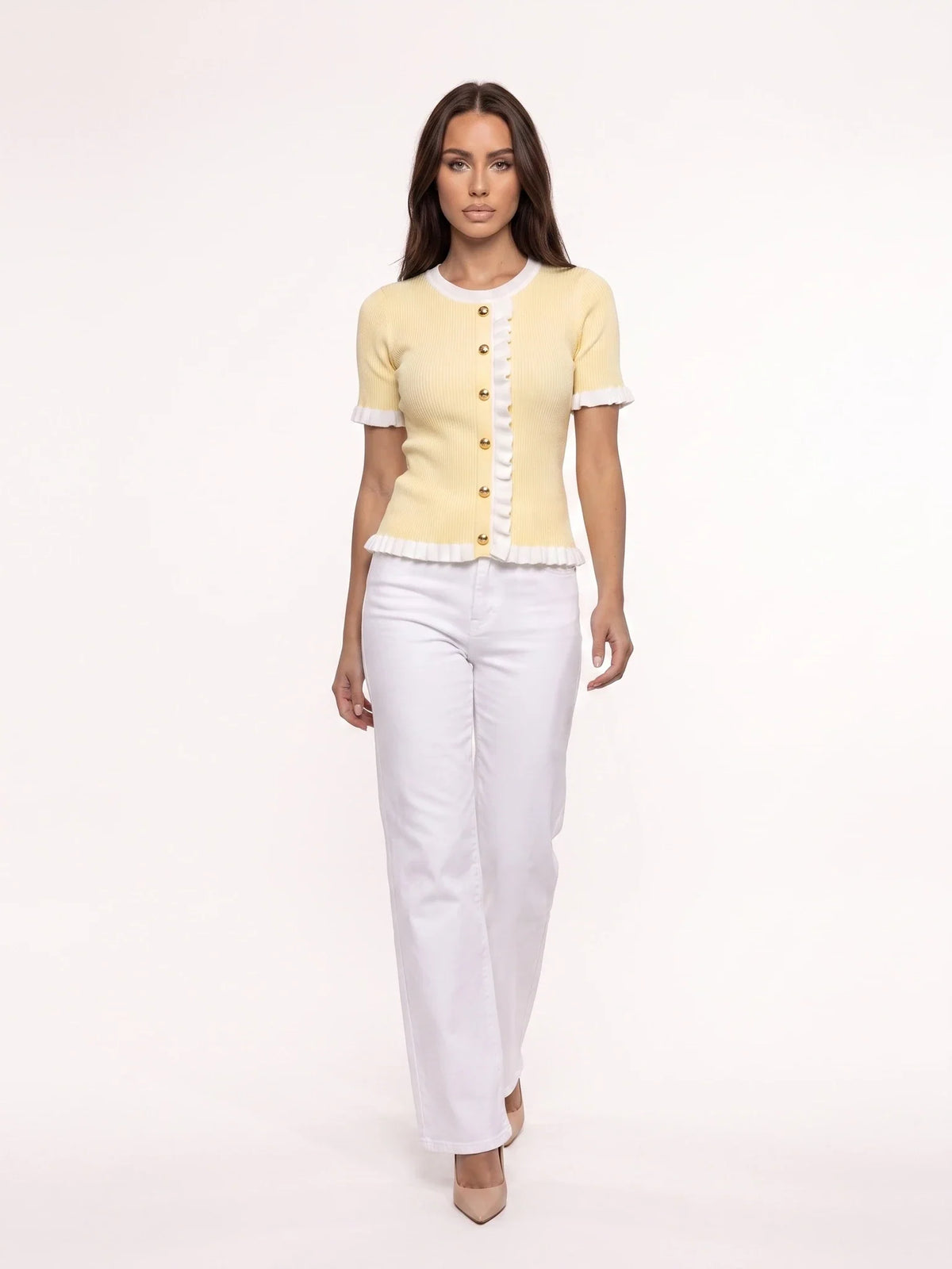 Damen Ripp Bluse mit Kontrastvolants und Kugelknöpfen – Ansicht 4