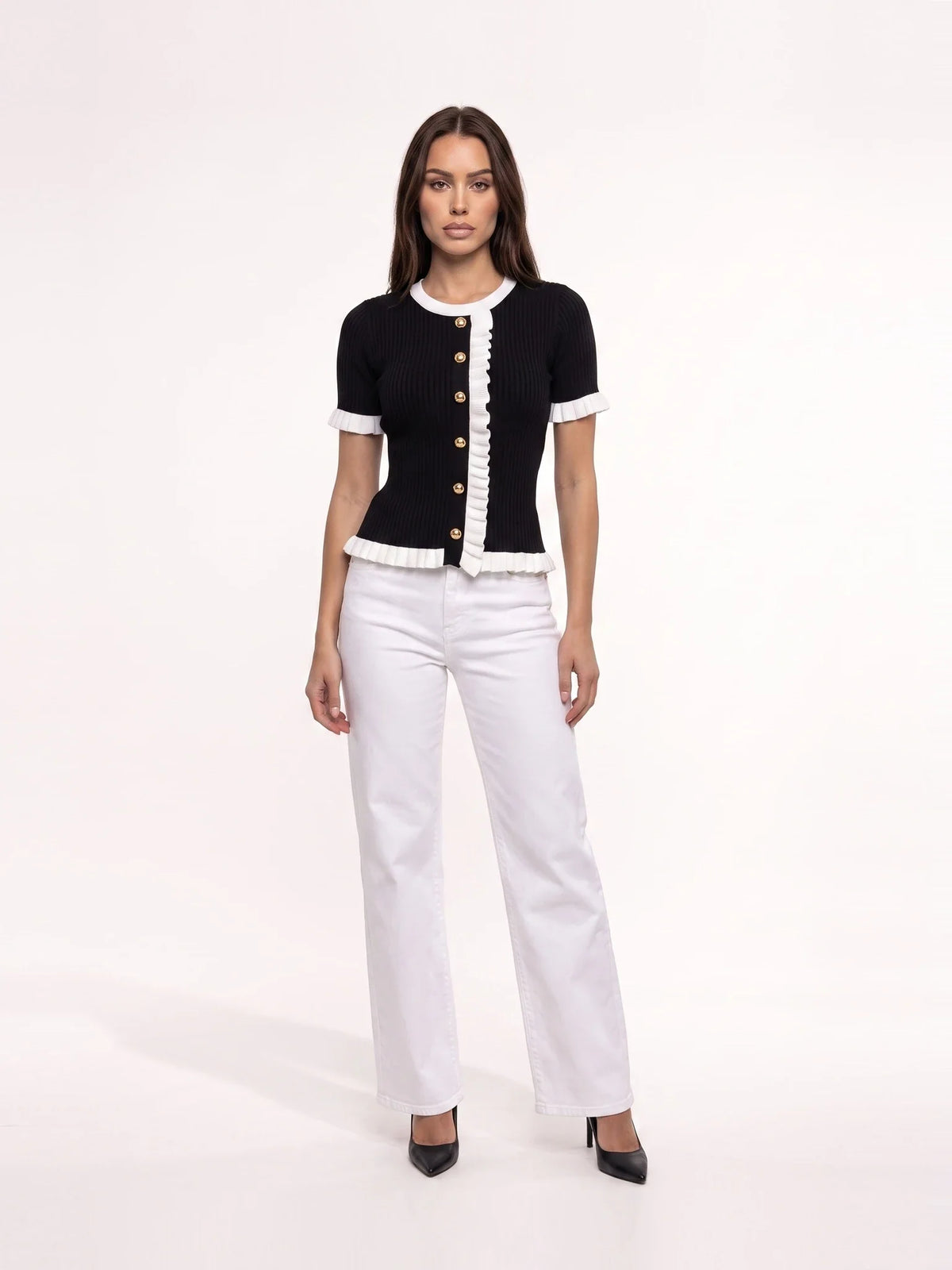 Damen Ripp Bluse mit Kontrastvolants und Kugelknöpfen – Ansicht 7
