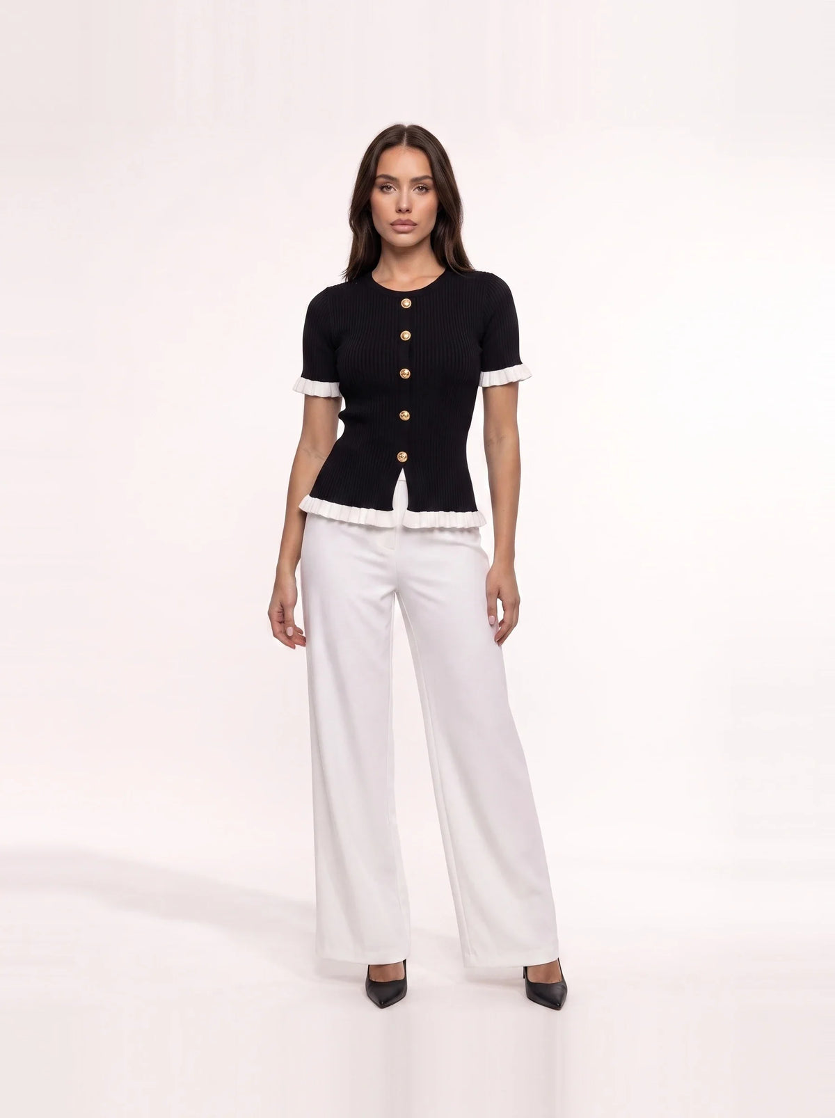 Damen Ripp Bluse mit Zierknöpfen und Volants – Ansicht 13