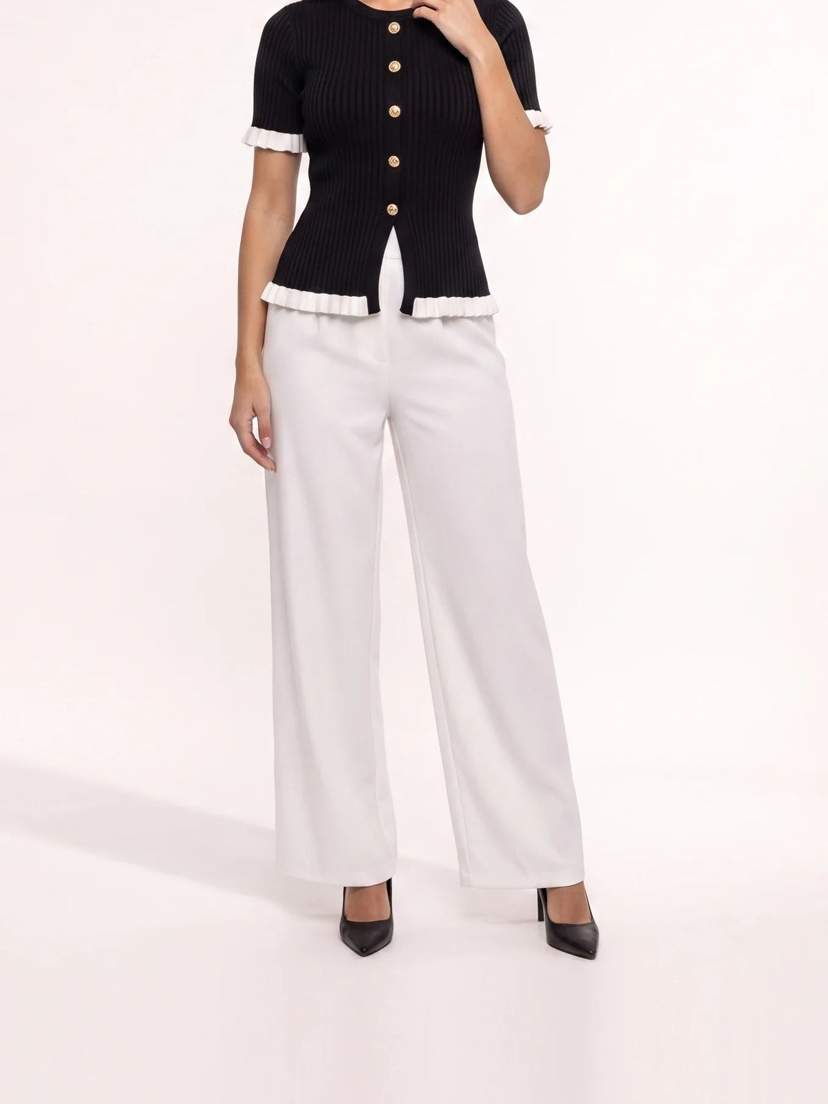 Damen Ripp Bluse mit Zierknöpfen und Volants – Ansicht 14