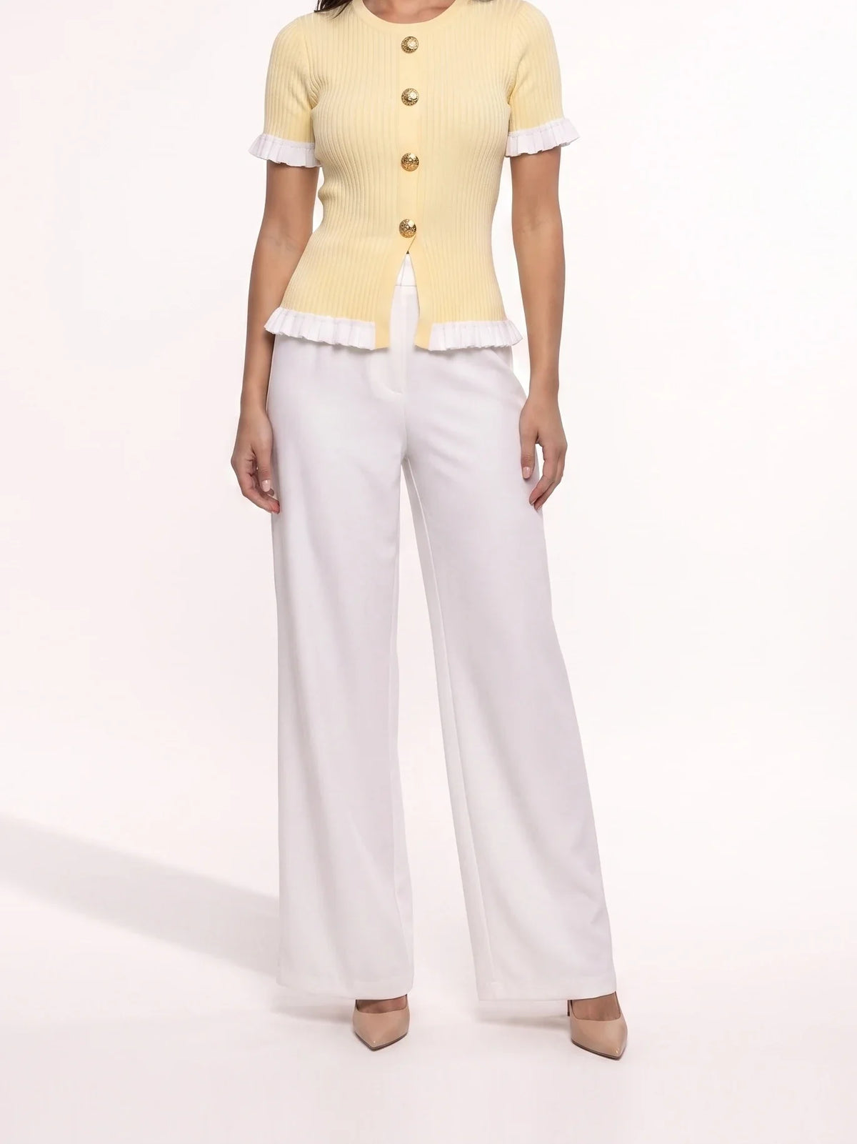 Damen Ripp Bluse mit Zierknöpfen und Volants – Ansicht 2