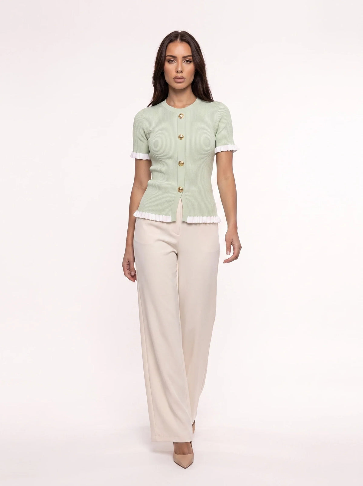 Damen Ripp Bluse mit Zierknöpfen und Volants – Ansicht 4