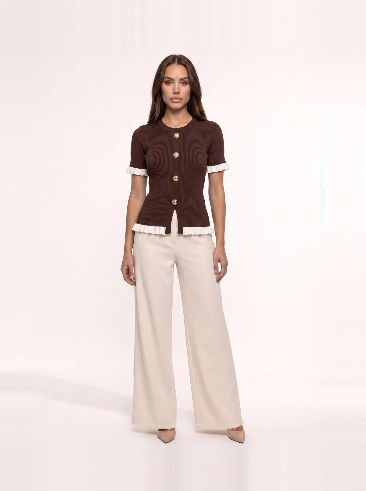 Damen Ripp Bluse mit Zierknöpfen und Volants – Ansicht 7