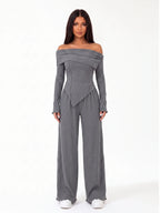 Damen Ripp Set mit Schulterfreiem Top und Weiter Hose
