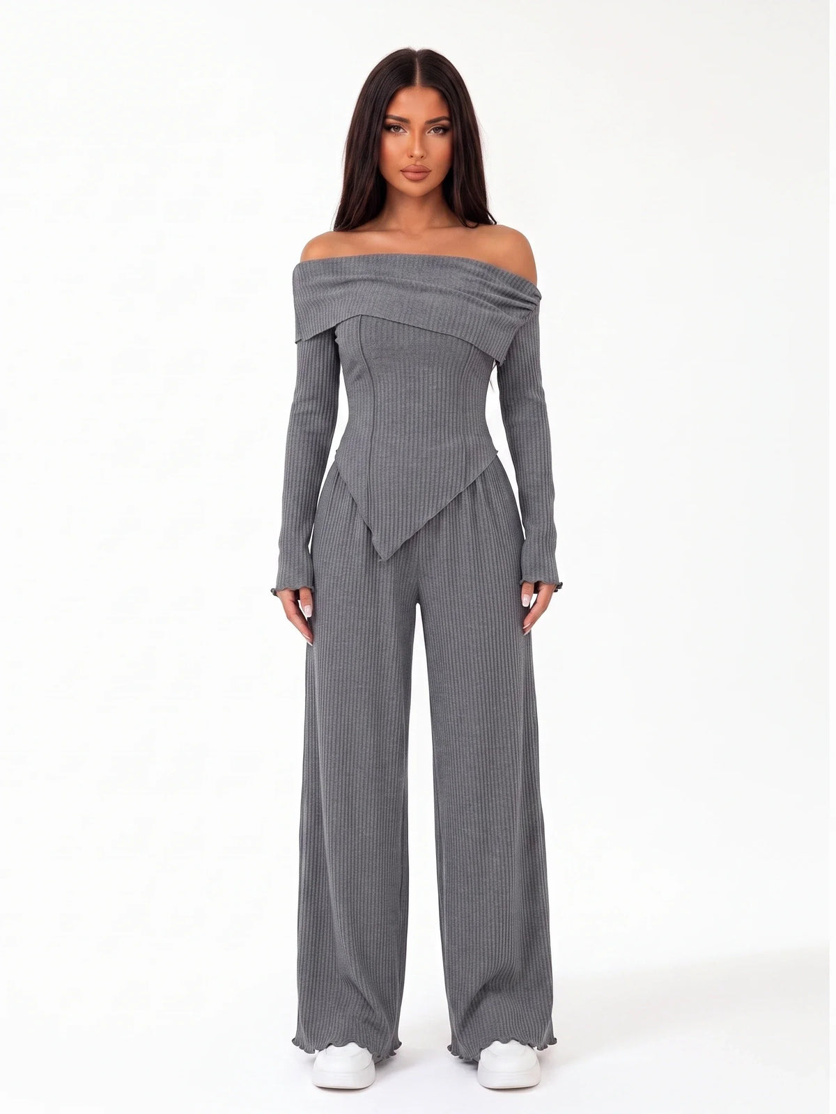 Damen Ripp Set mit Schulterfreiem Top und Weiter Hose