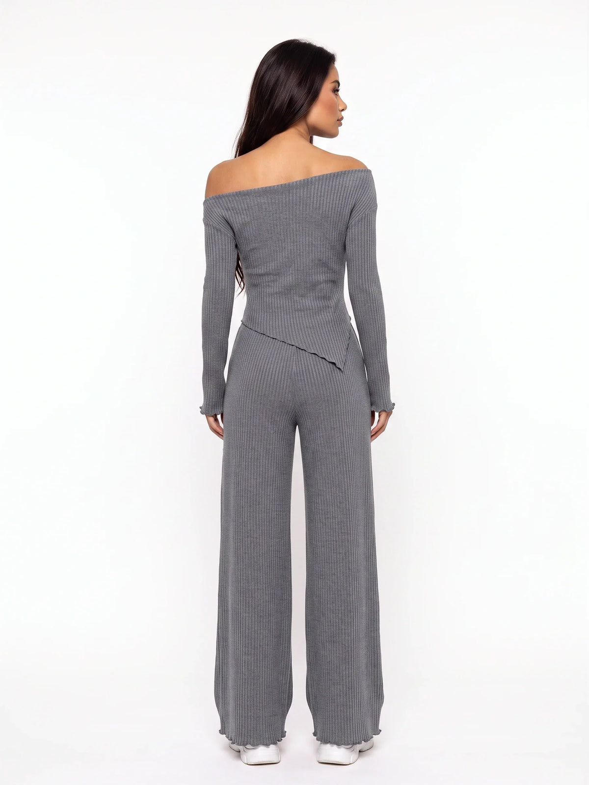 Damen Ripp Set mit Schulterfreiem Top und Weiter Hose – Ansicht 2