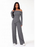 Damen Ripp Set mit Schulterfreiem Top und Weiter Hose – Ansicht 3