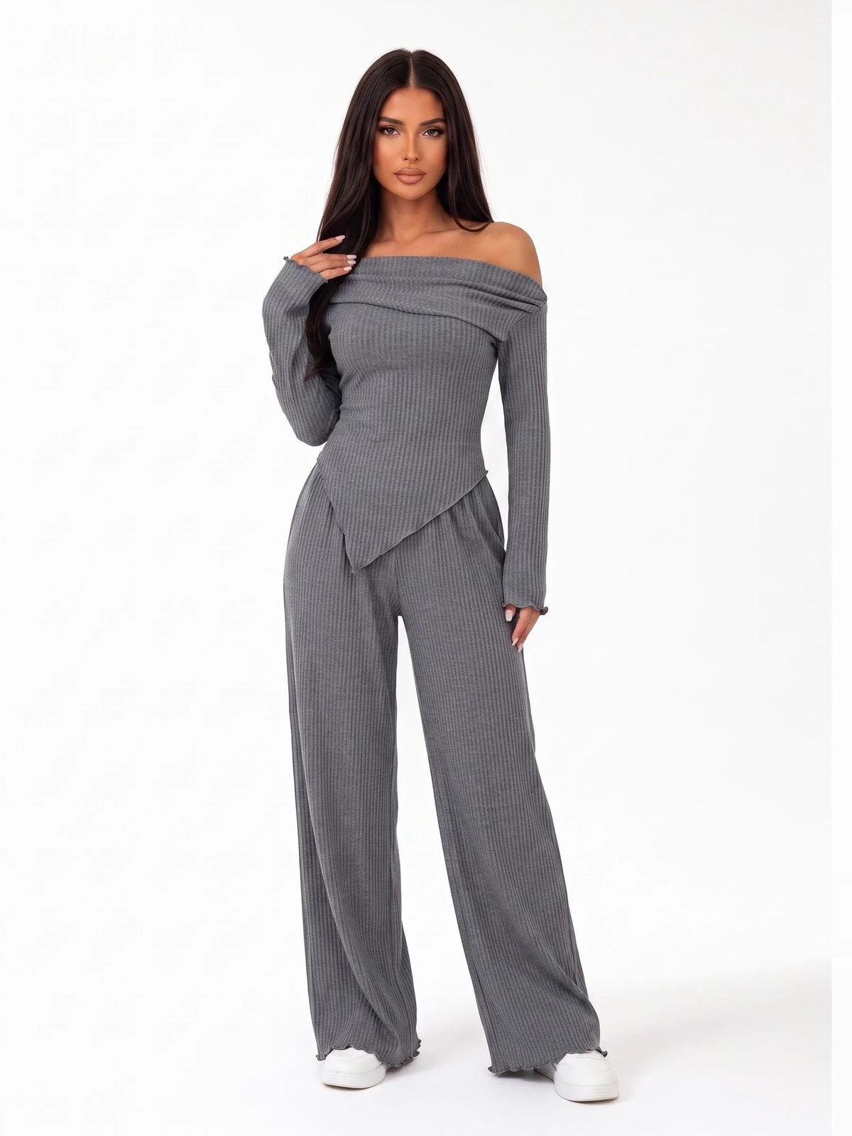 Damen Ripp Set mit Schulterfreiem Top und Weiter Hose – Ansicht 3