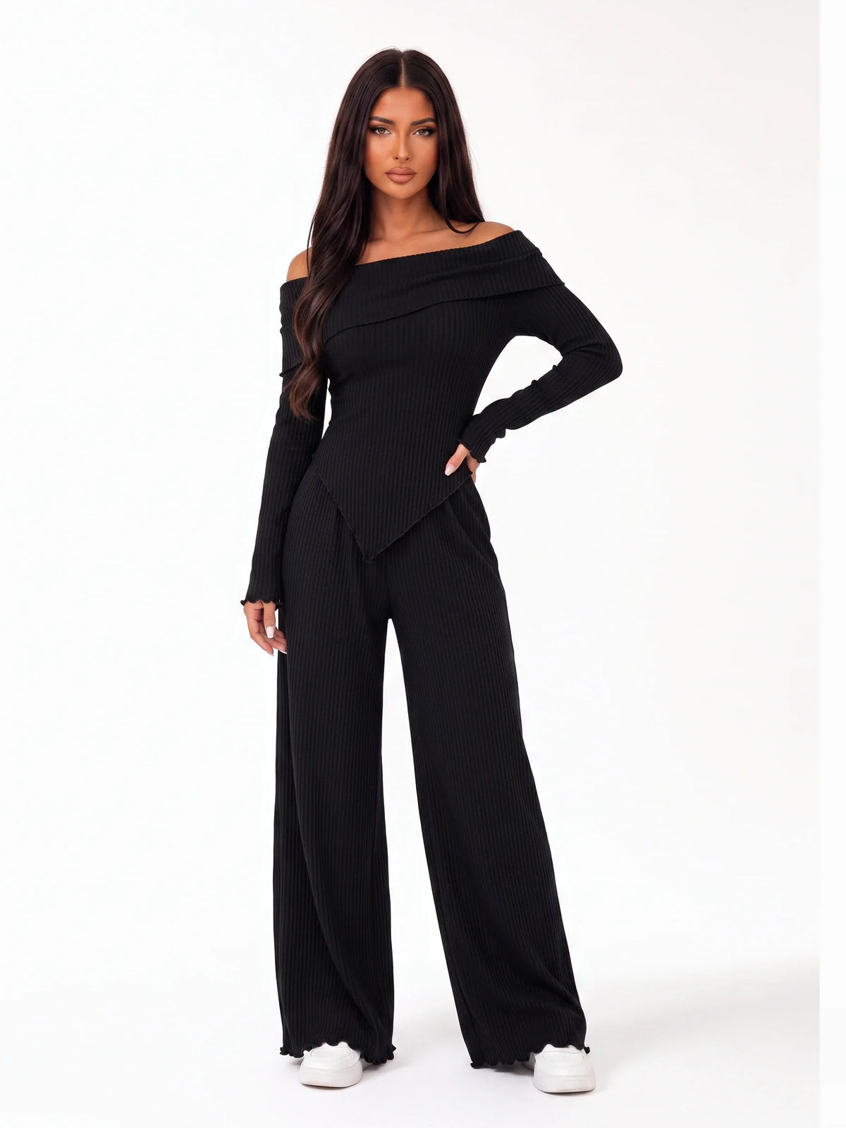 Damen Ripp Set mit Schulterfreiem Top und Weiter Hose – Ansicht 4