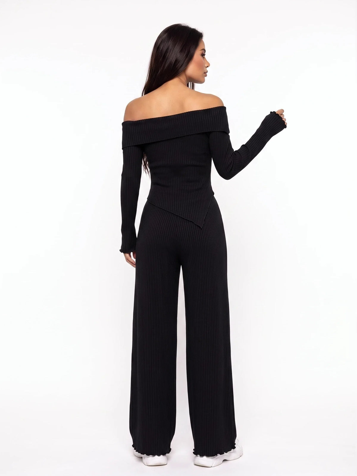 Damen Ripp Set mit Schulterfreiem Top und Weiter Hose – Ansicht 5