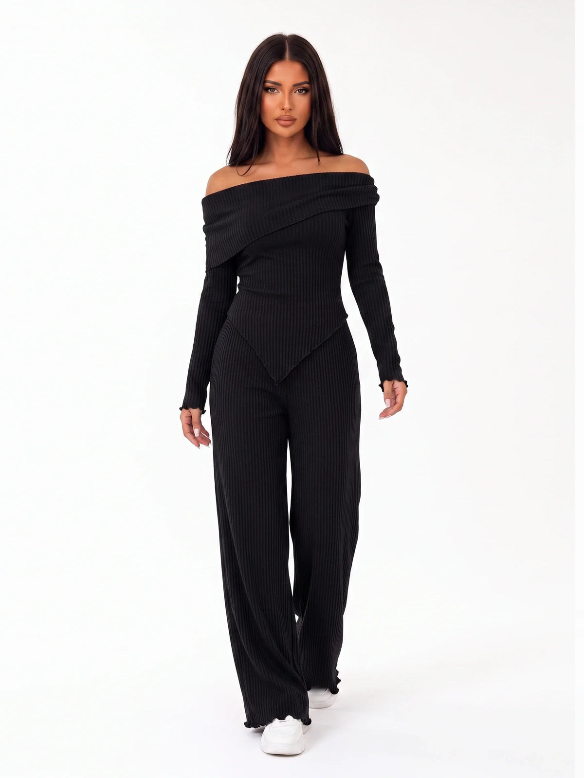 Damen Ripp Set mit Schulterfreiem Top und Weiter Hose – Ansicht 6