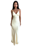 Damen Satin Maxikleid mit V Ausschnitt und Raffnaht unter der Brust
