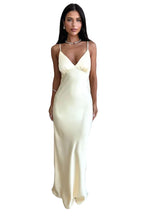 Damen Satin Maxikleid mit V Ausschnitt und Raffnaht unter der Brust