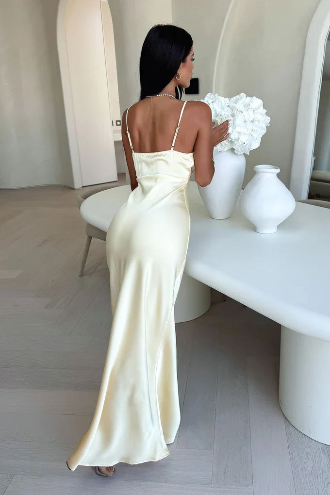 Damen Satin Maxikleid mit V Ausschnitt und Raffnaht unter der Brust Ansicht 2