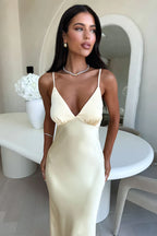 Damen Satin Maxikleid mit V Ausschnitt und Raffnaht unter der Brust Ansicht 3
