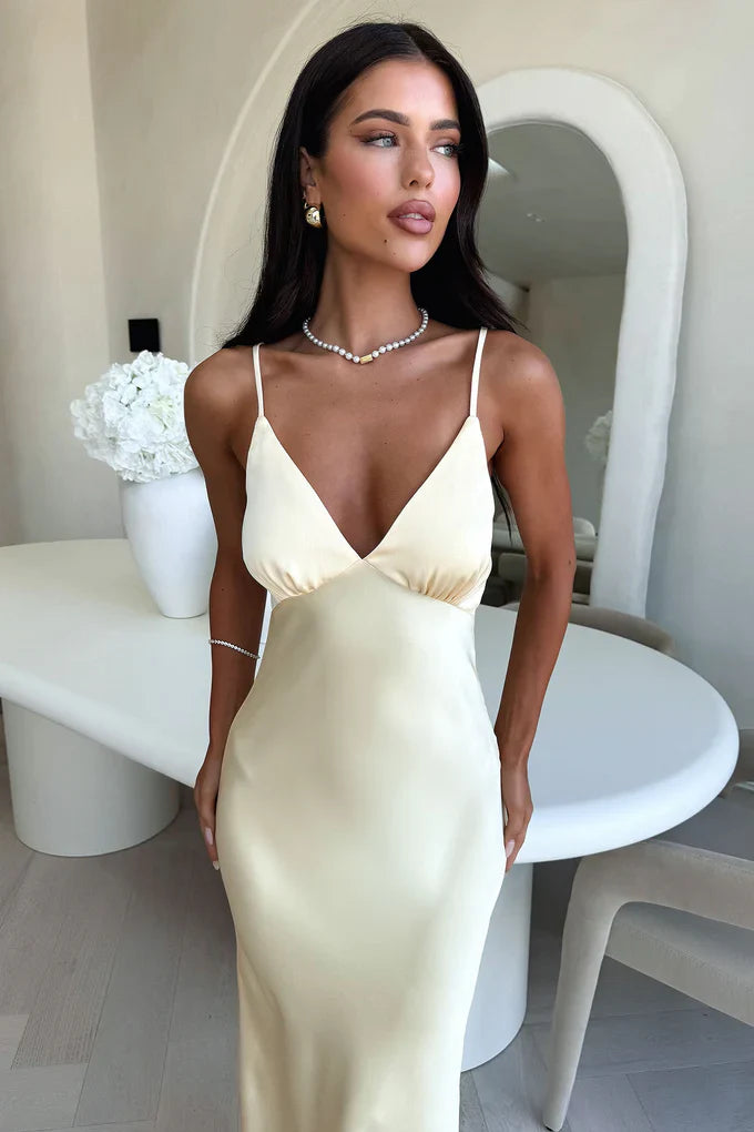Damen Satin Maxikleid mit V Ausschnitt und Raffnaht unter der Brust Ansicht 3