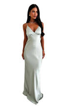 Damen Satin Maxikleid mit V Ausschnitt und Raffnaht unter der Brust Ansicht 4