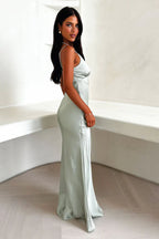 Damen Satin Maxikleid mit V Ausschnitt und Raffnaht unter der Brust Ansicht 5