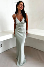 Damen Satin Maxikleid mit V Ausschnitt und Raffnaht unter der Brust Ansicht 6
