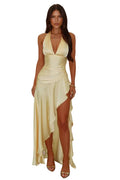 Damen Satin Neckholder Maxikleid mit drapiertem Vorderteil
