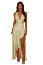 Damen Satin Neckholder Maxikleid mit drapiertem Vorderteil