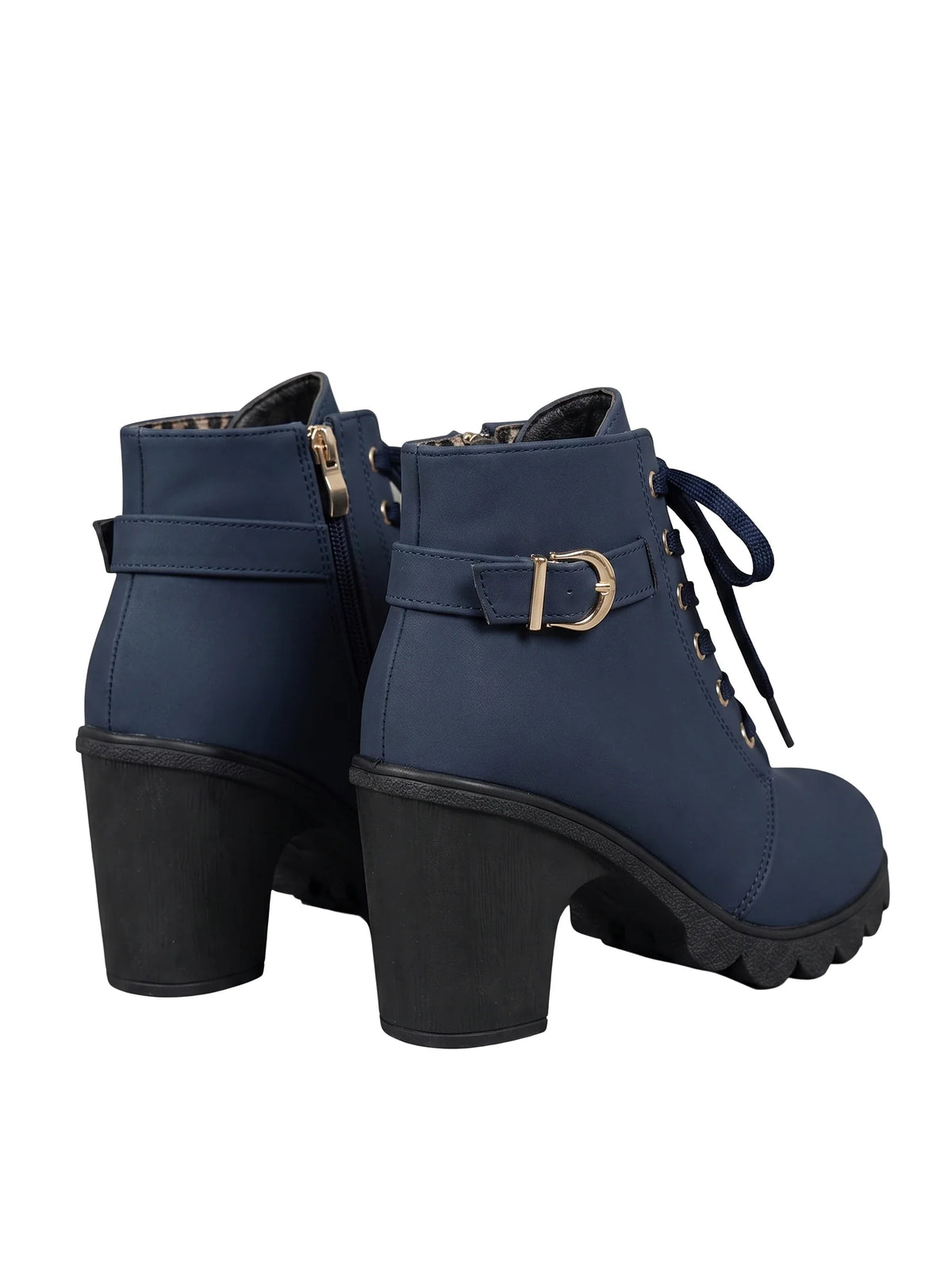Paar Damen Schnürstiefeletten in Marineblau, Ansicht von hinten schräg