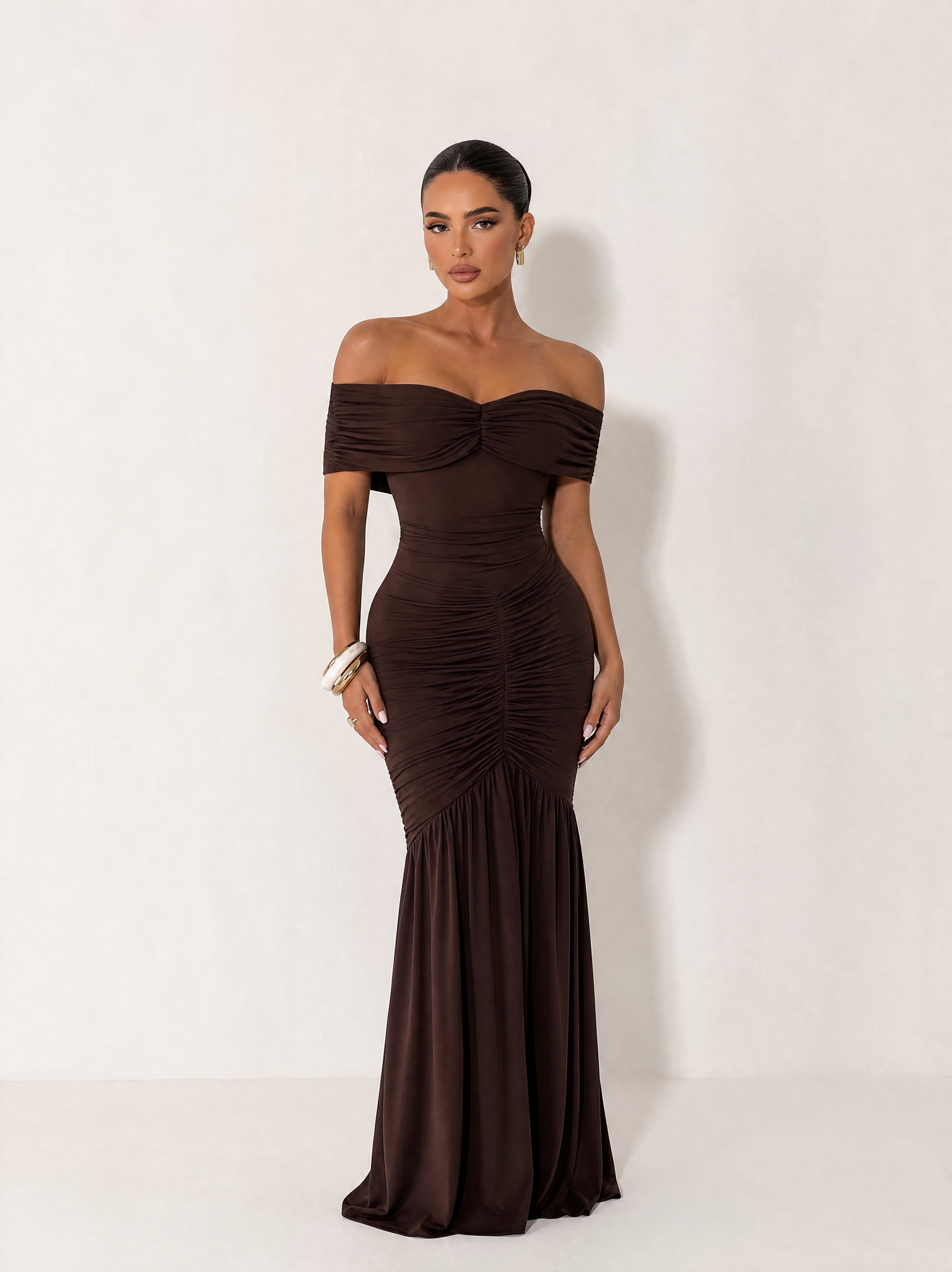 Damen schulterfreies Maxikleid mit Raffung
