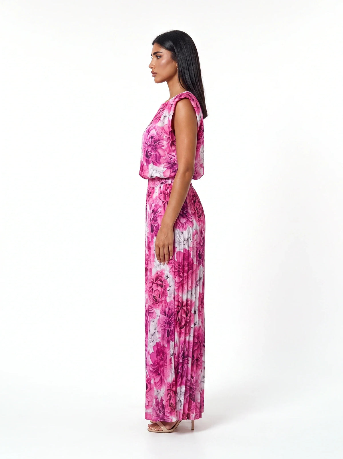 Damen Set mit Ärmelloser Bluse und Weiter Plissierter Palazzohose – Blumenmuster Seitenansicht