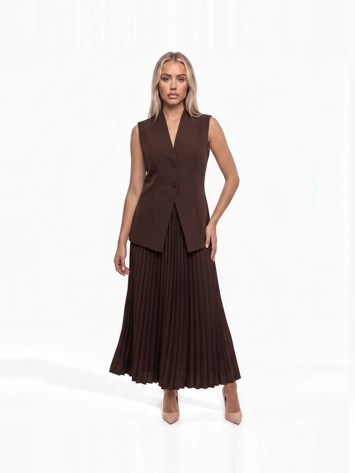 Damen Set mit Ärmelloser Weste und Plissiertem Maxirock