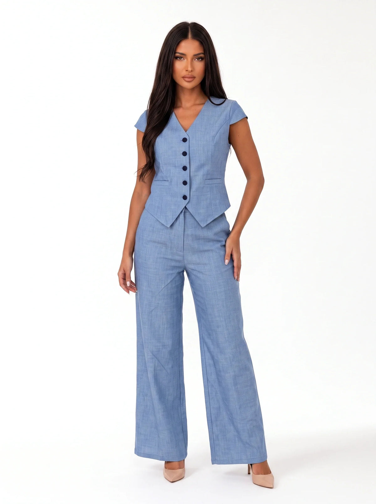 Damen Set mit Ärmelloser Weste und Weiter Hose – Hellblau Vorderansicht