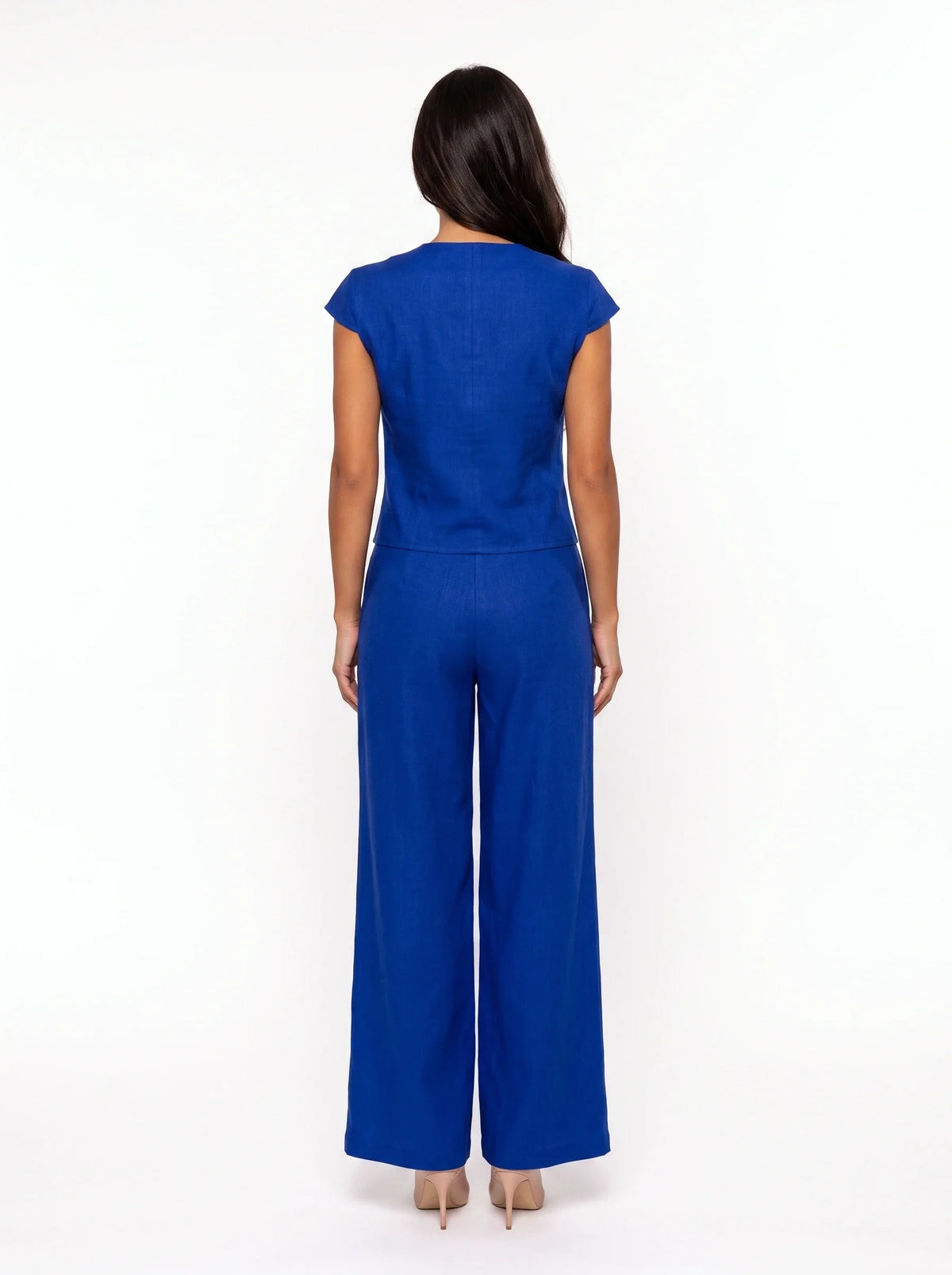 Damen Set mit Ärmelloser Weste und Weiter Hose – Blau Rückansicht