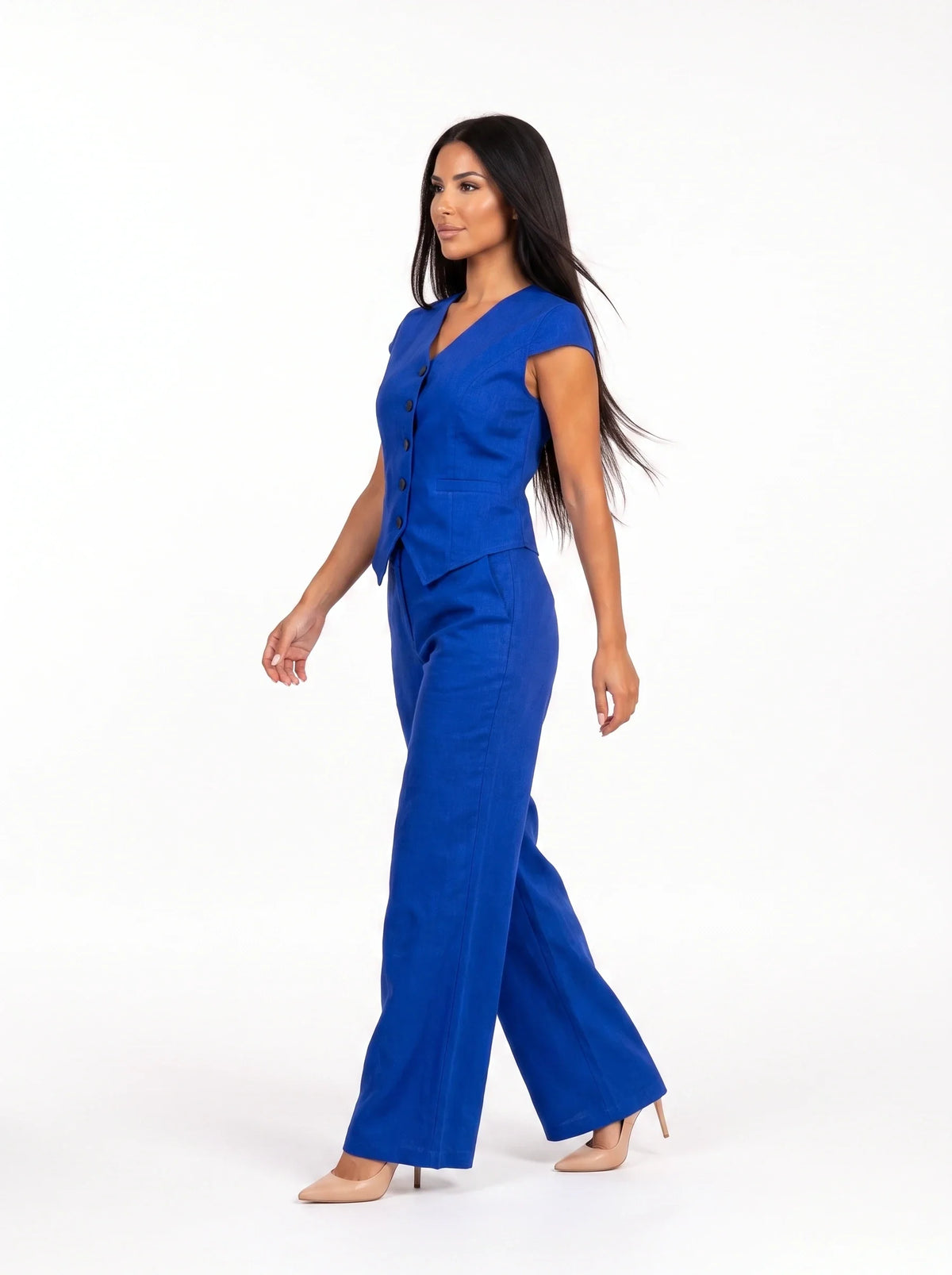 Damen Set mit Ärmelloser Weste und Weiter Hose – Blau Seitenansicht