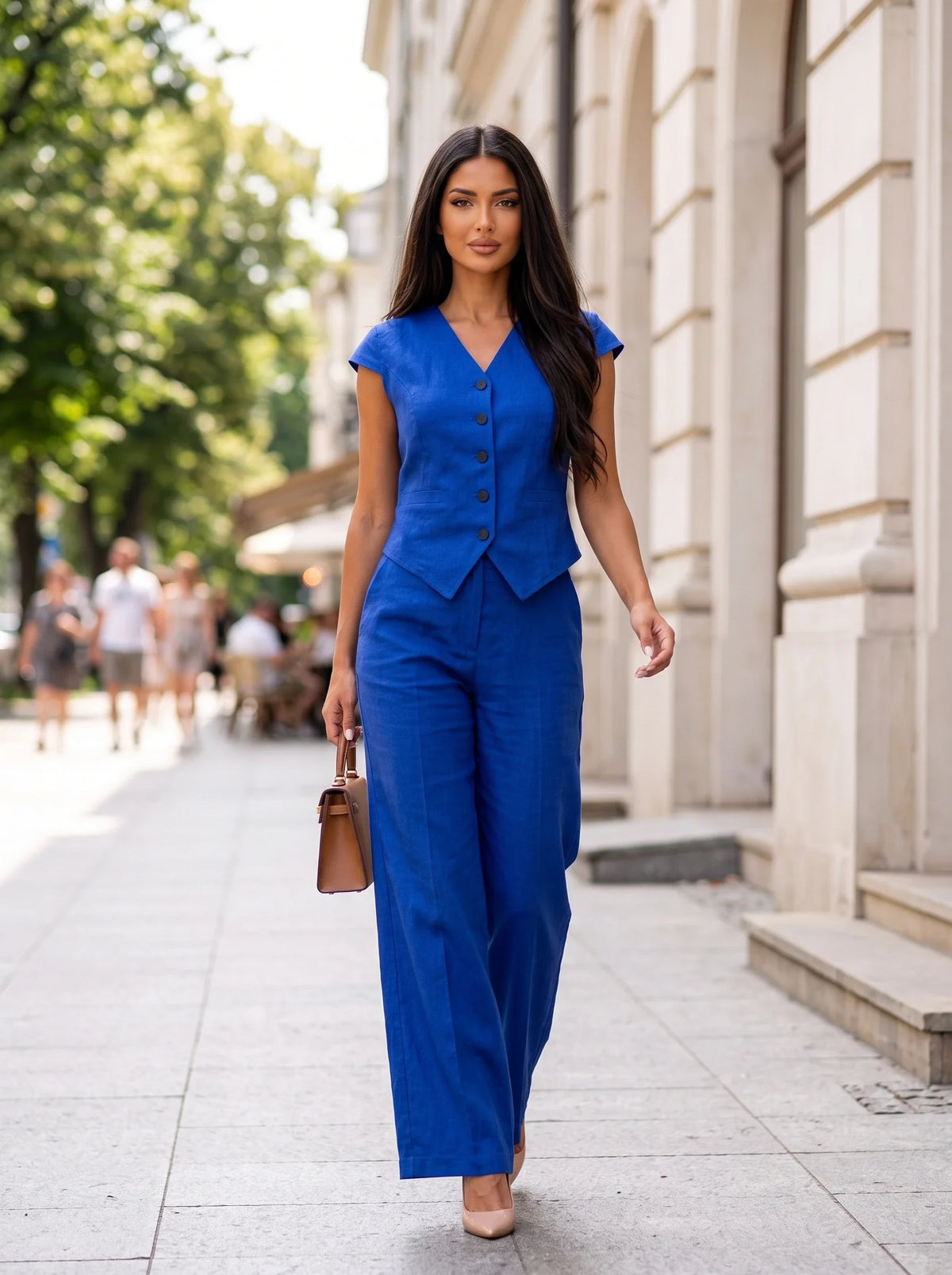 Damen Set mit Ärmelloser Weste und Weiter Hose – Blau Styling