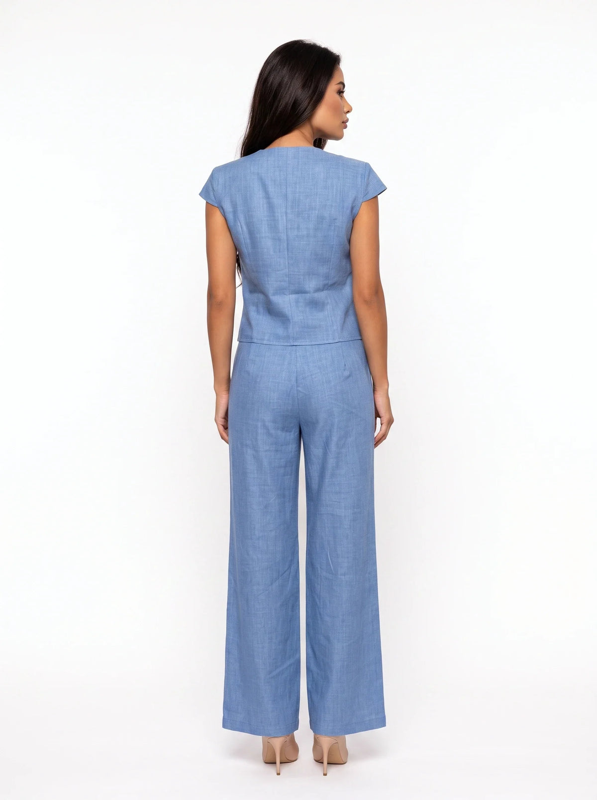 Damen Set mit Ärmelloser Weste und Weiter Hose – Hellblau Rückansicht