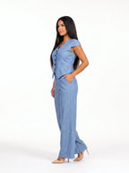 Damen Set mit Ärmelloser Weste und Weiter Hose – Hellblau Seitenansicht