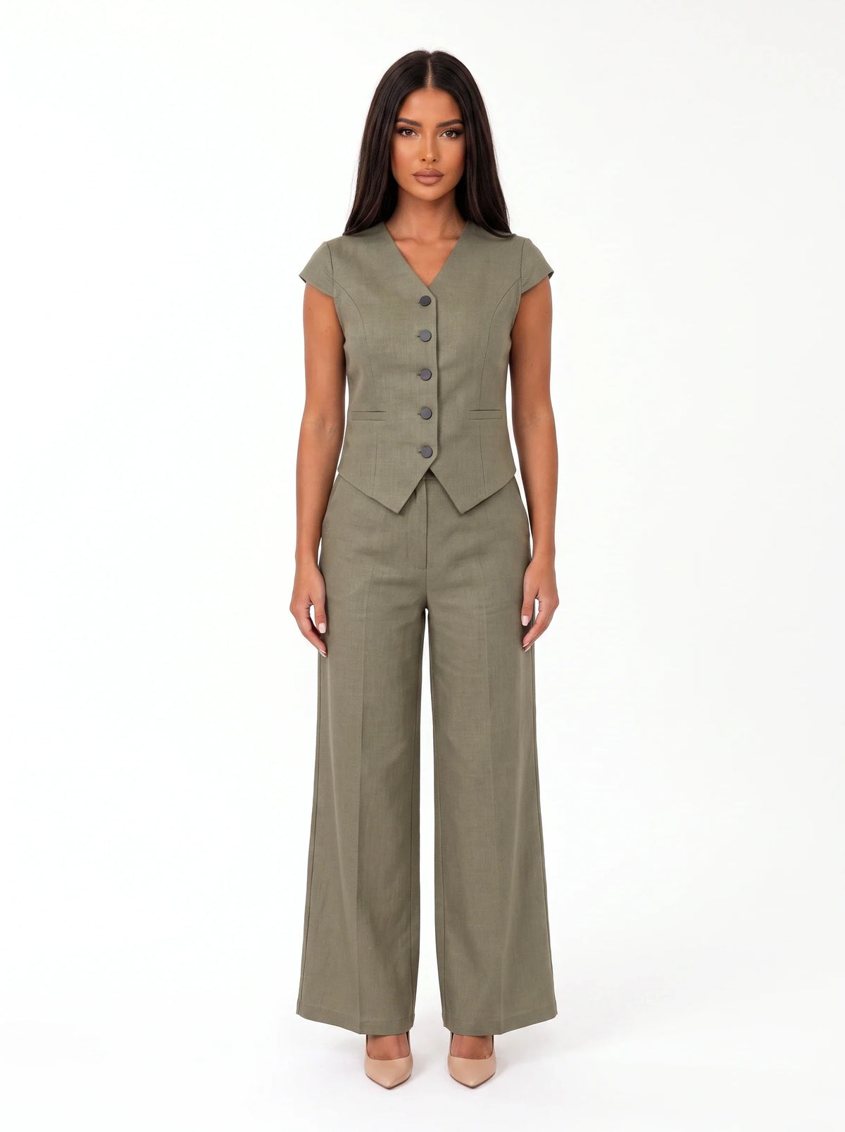 Damen Set mit Ärmelloser Weste und Weiter Hose – Khaki Vorderansicht