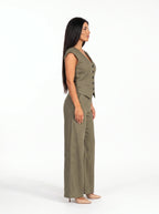 Damen Set mit Ärmelloser Weste und Weiter Hose – Khaki Seitenansicht