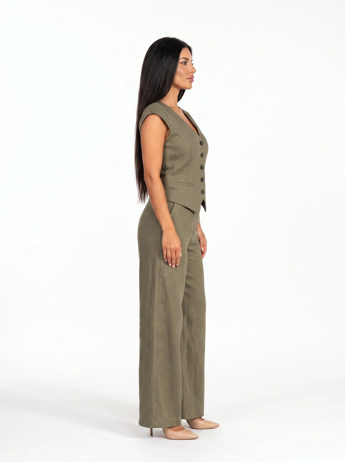 Damen Set mit Ärmelloser Weste und Weiter Hose – Khaki Seitenansicht