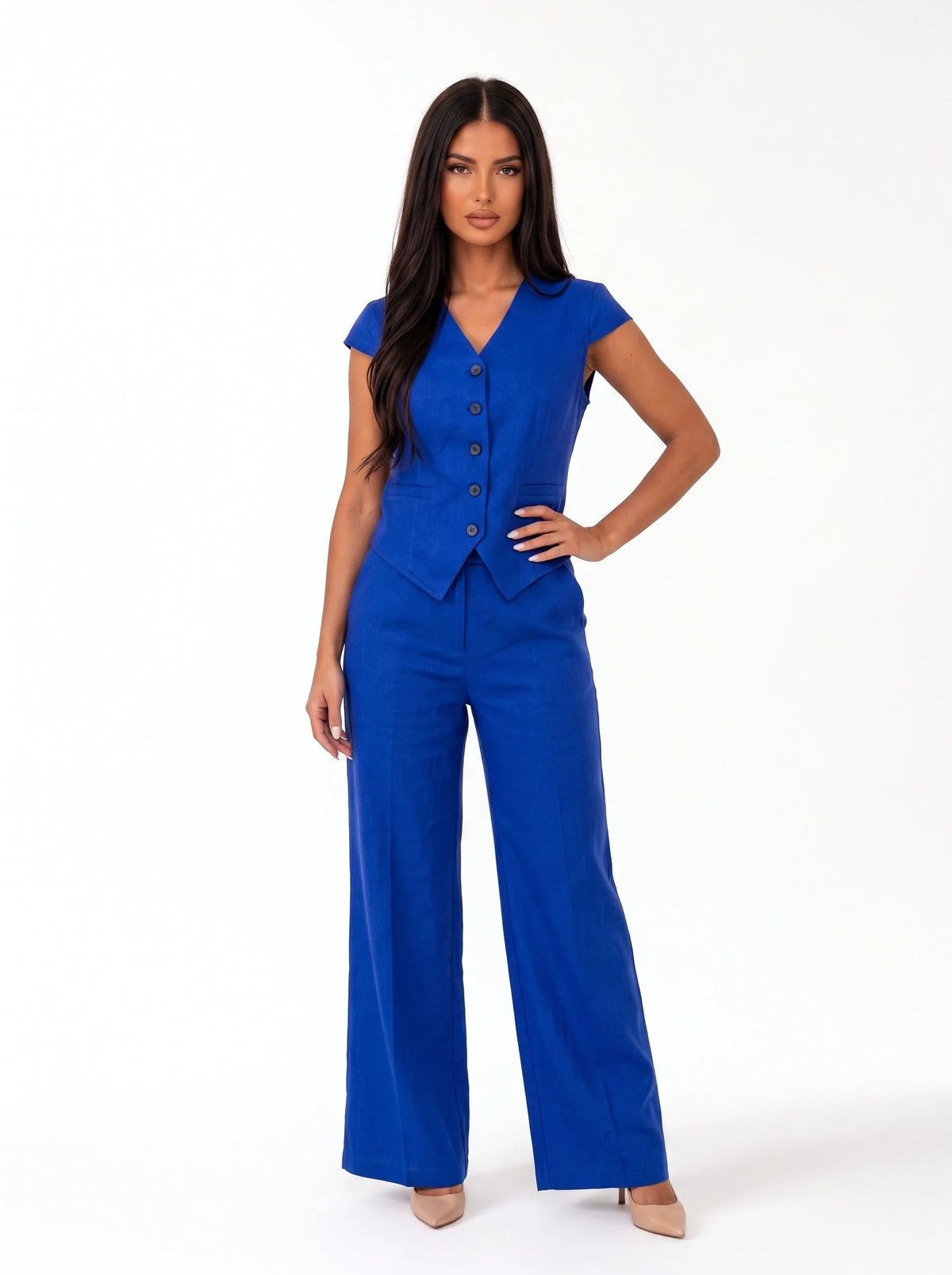 Damen Set mit Ärmelloser Weste und Weiter Hose – Blau Vorderansicht
