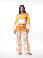 Damen Set mit Schulterfreier Bluse und Weiter Hose – Gelb Vorderansicht