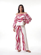 Damen Set mit Schulterfreier Bluse und Weiter Hose – Rosa Vorderansicht