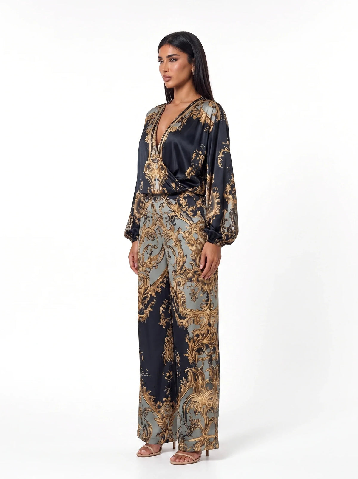 Damen Set mit V-Ausschnitt Bluse und Weiter Hose im Barockmuster – Ansicht 3