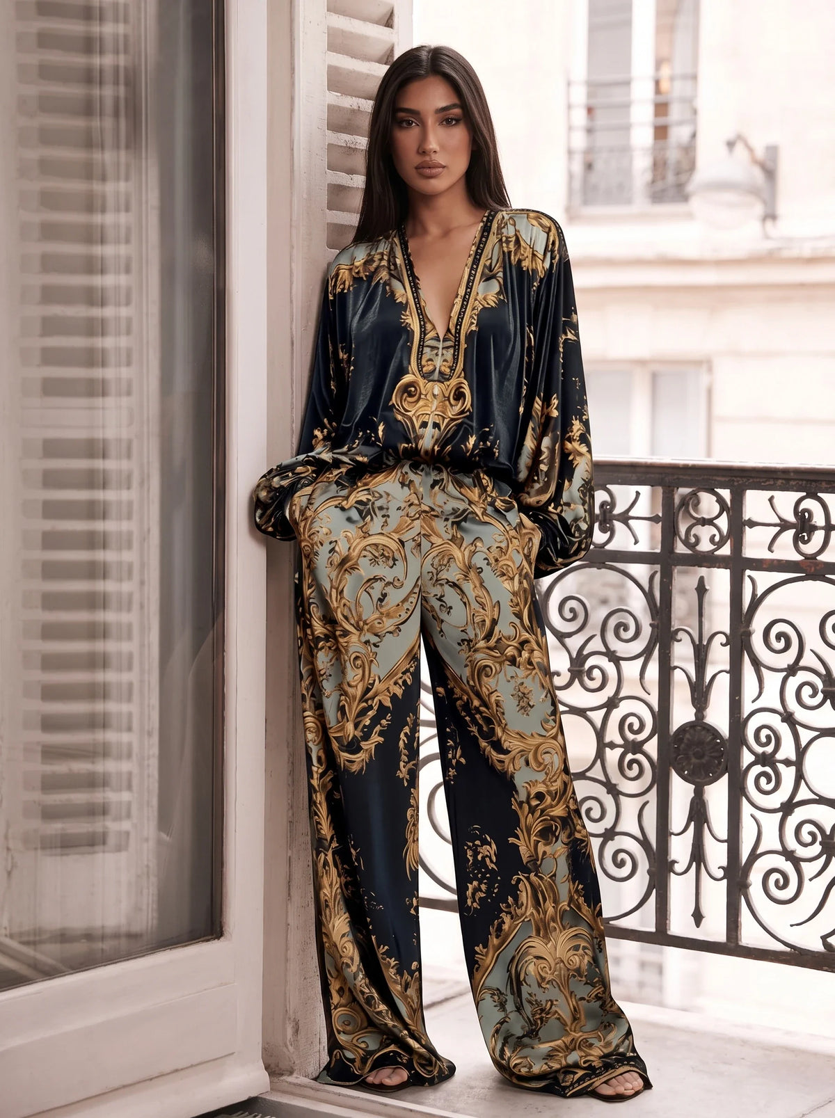 Damen Set mit V-Ausschnitt Bluse und Weiter Hose im Barockmuster – Styling