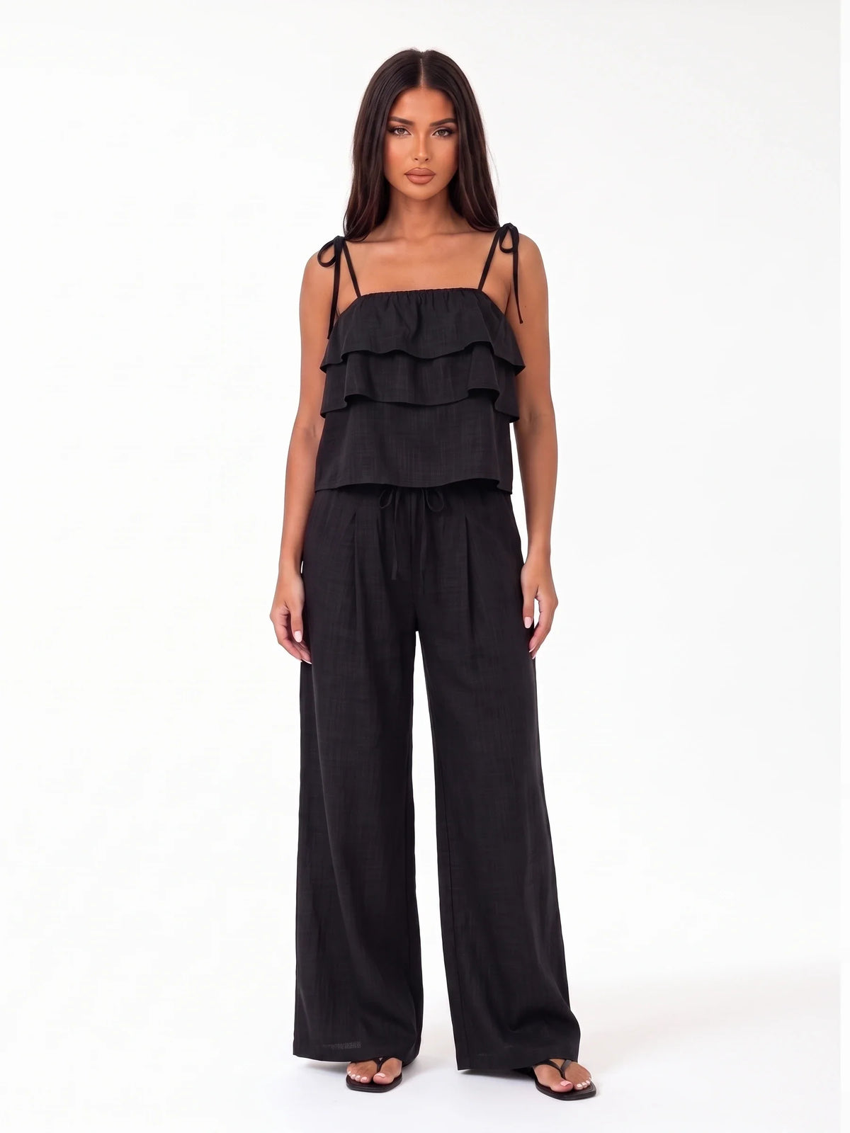 Damen Set mit Volanttop mit Bindeträgern und Weiter Hose